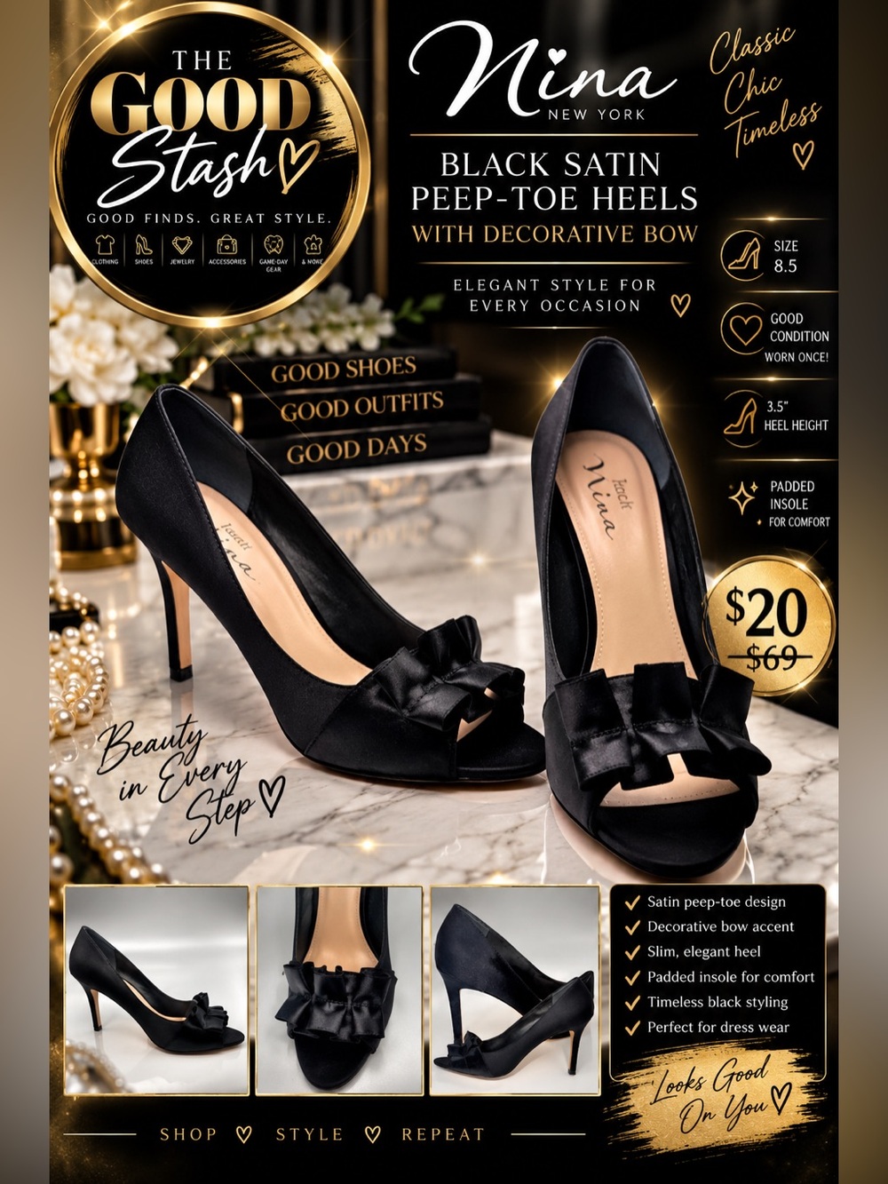 Nina Black Satin Peep-Toe Heels with Decorative Bow